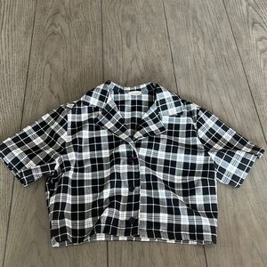 John Galt black+white checkerboard collared short sleeve top
